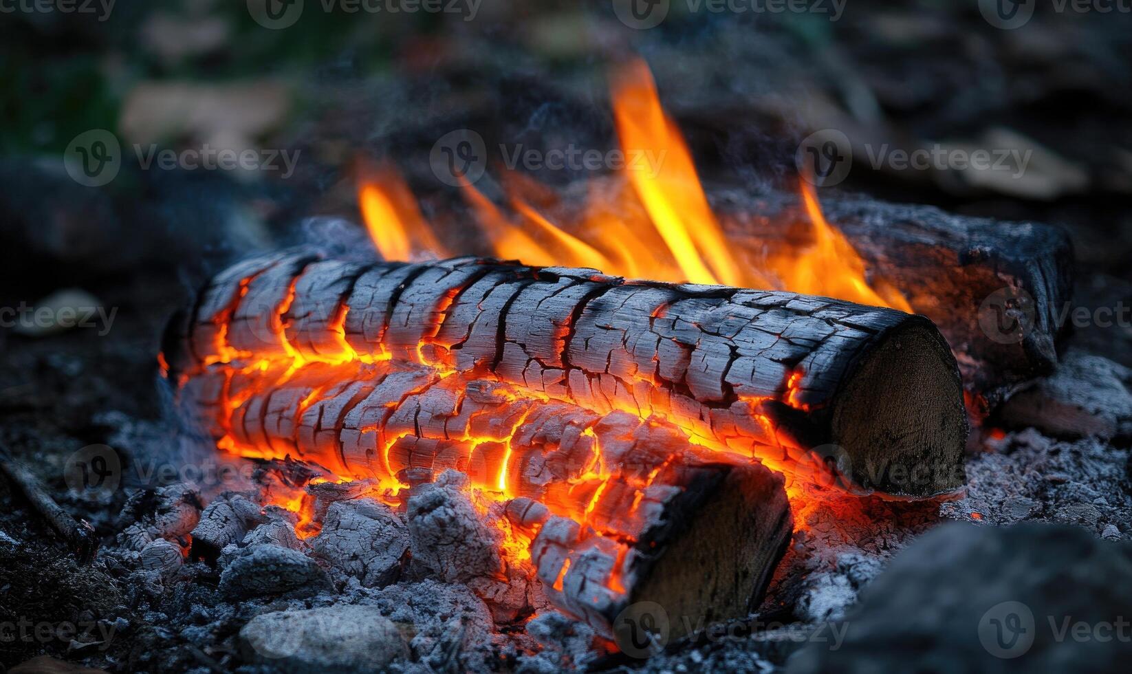 A burning log in a rustic outdoor setting, flames crackling photo