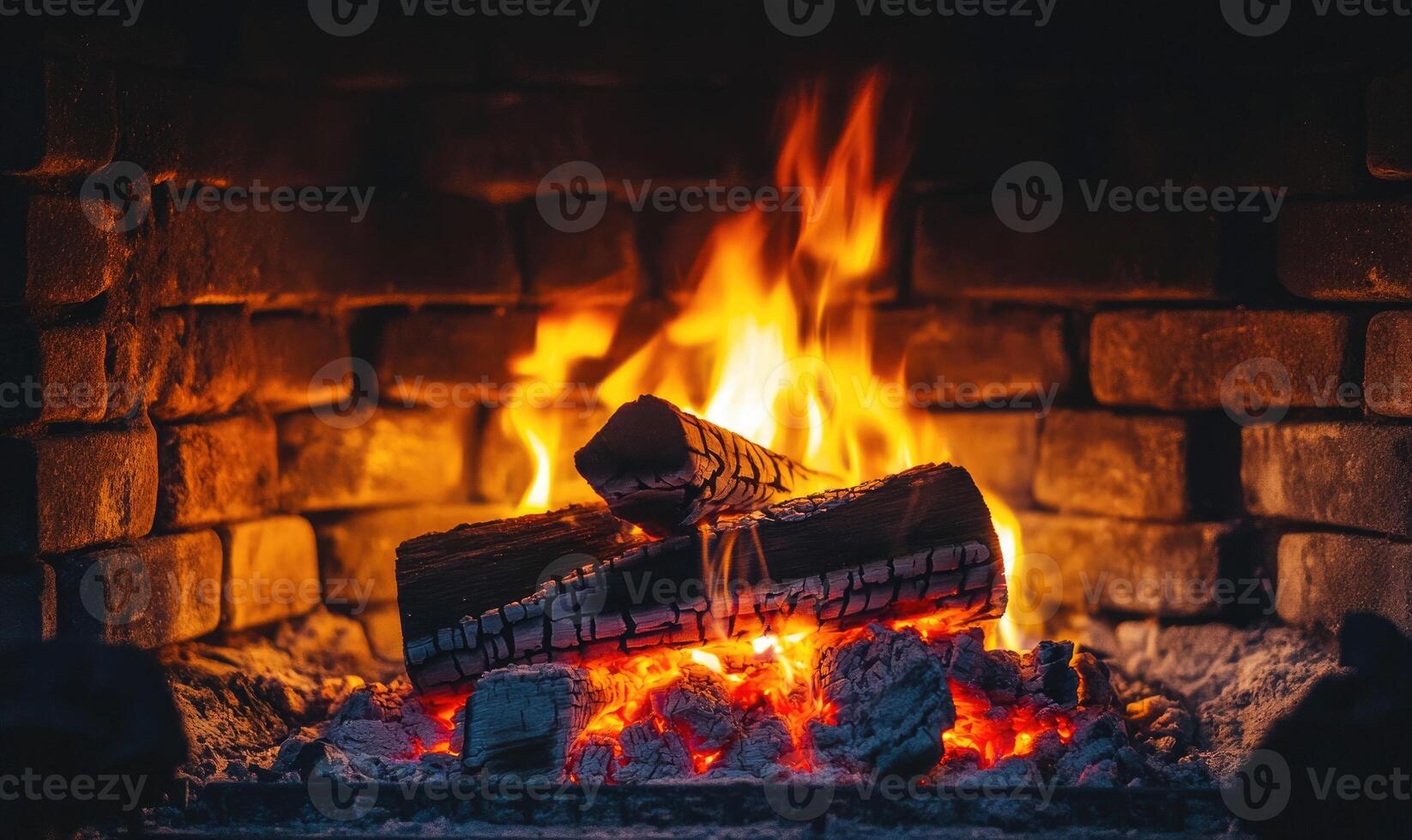 A burning log in a stone fireplace, bright flames flickering photo