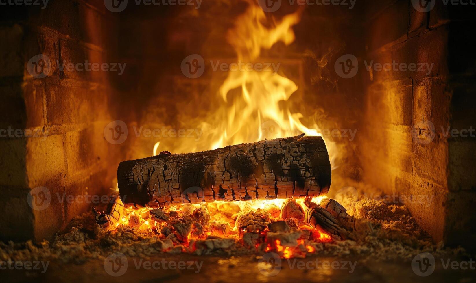 A burning log in a stone fireplace, bright flames flickering photo