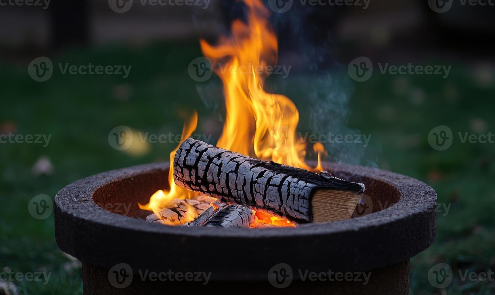 A burning log in an outdoor firepit, orange flames flickering photo