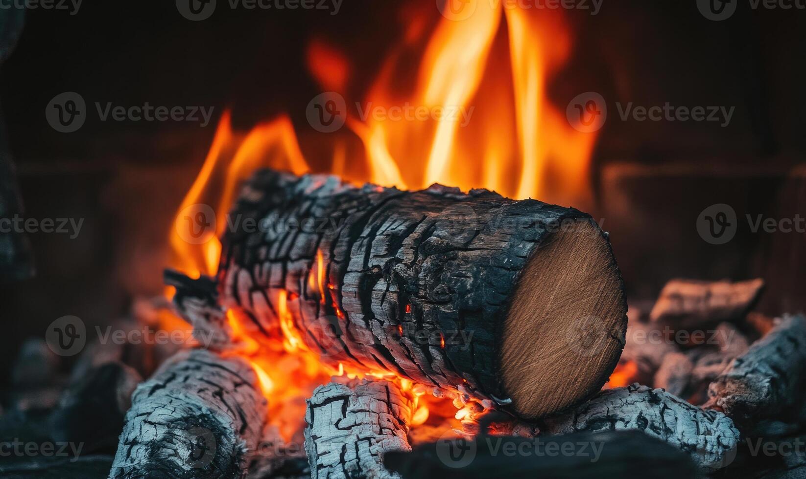A burning log in a contemporary fireplace closeup photo