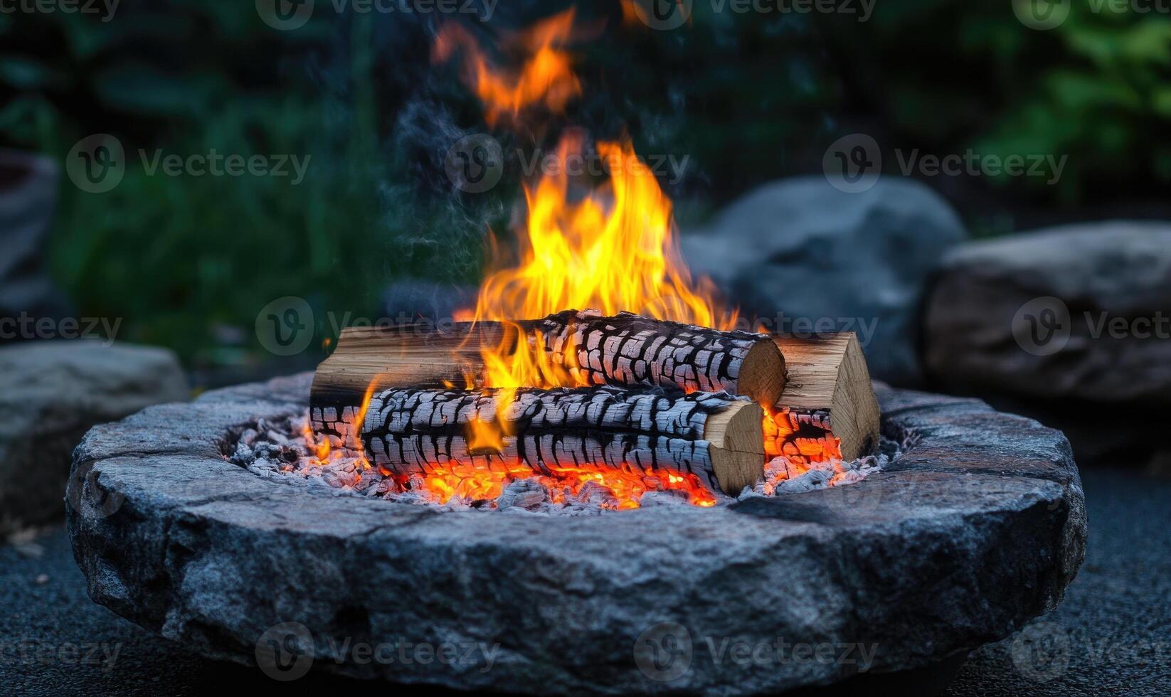 A burning log in an outdoor firepit, orange flames flickering photo