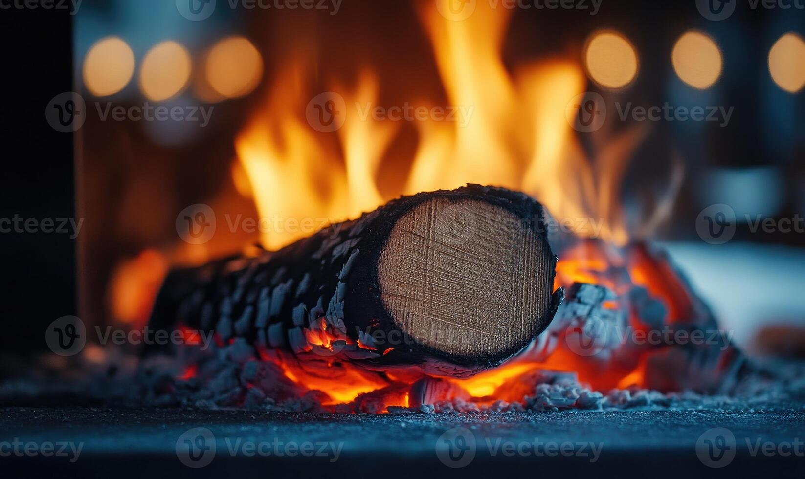 A burning log in a contemporary fireplace closeup photo