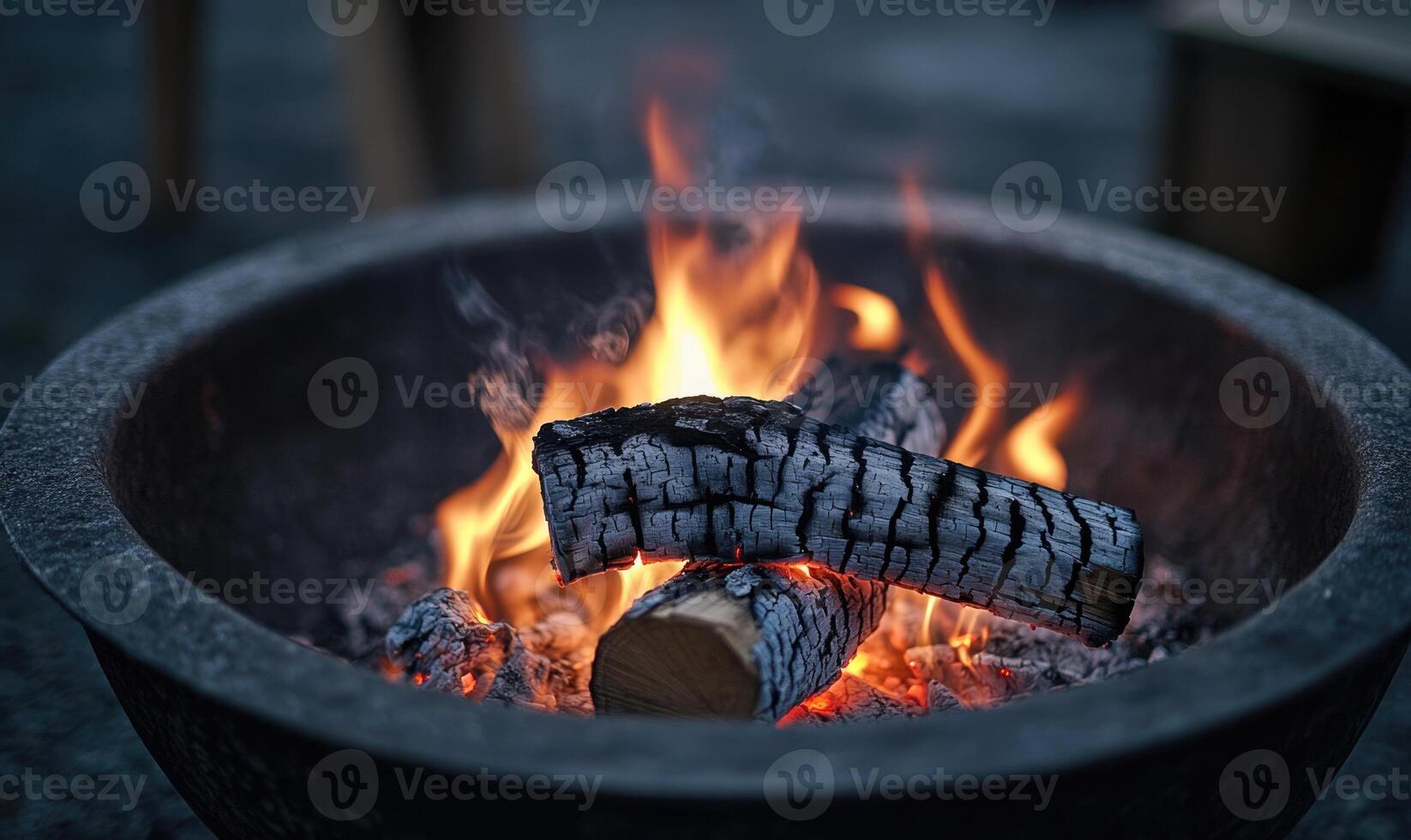 A burning log in an outdoor firepit, orange flames flickering photo