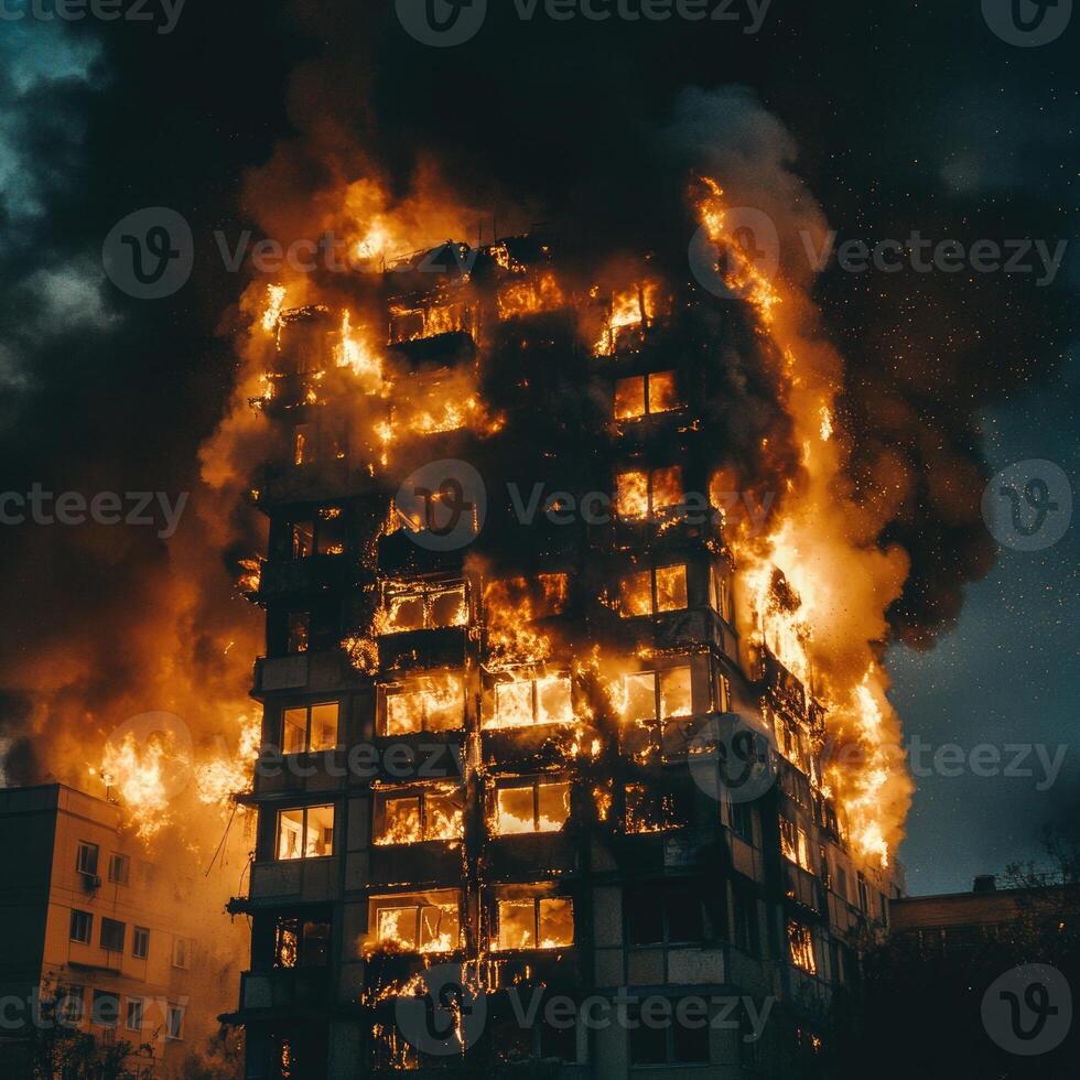 A city apartment building on fire, flames bursting through the windows photo