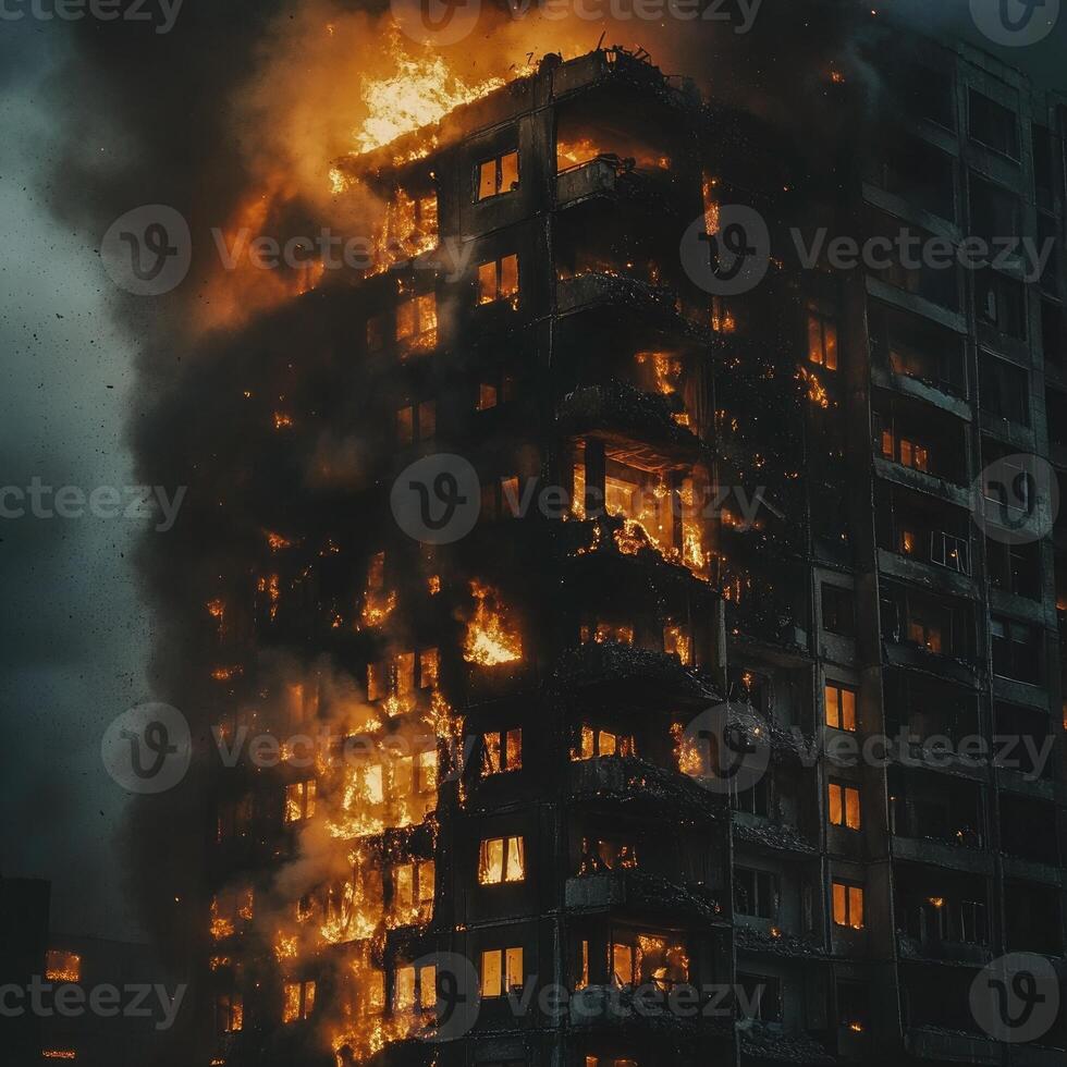 A city apartment building on fire, flames bursting through the windows photo