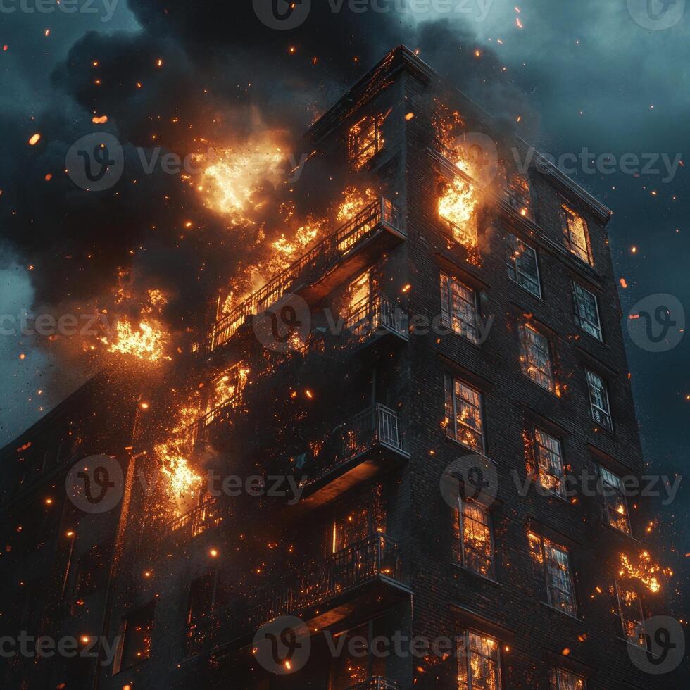A city apartment building on fire, flames bursting through the windows photo