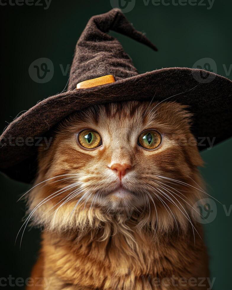 A ginger cat with a playful expression, wearing a wide-brimmed witch's hat photo