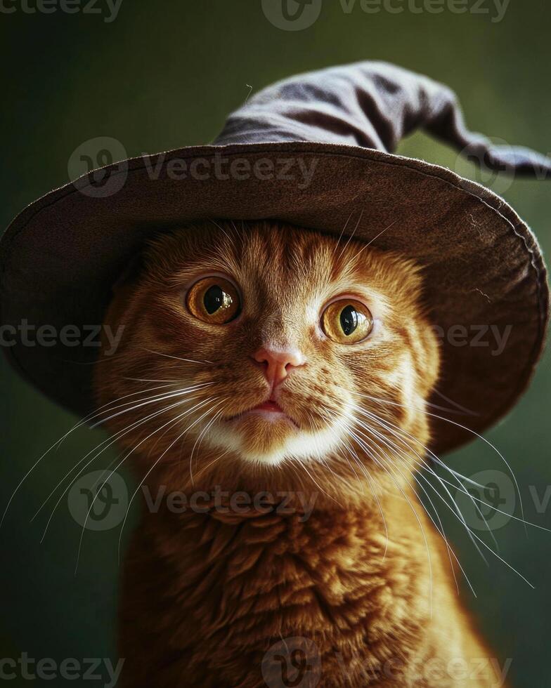 A ginger cat with a playful expression, wearing a wide-brimmed witch's hat photo