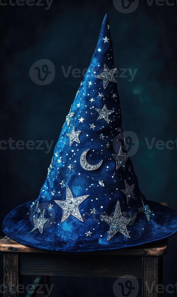 A navy blue wizard hat with glowing stars photo