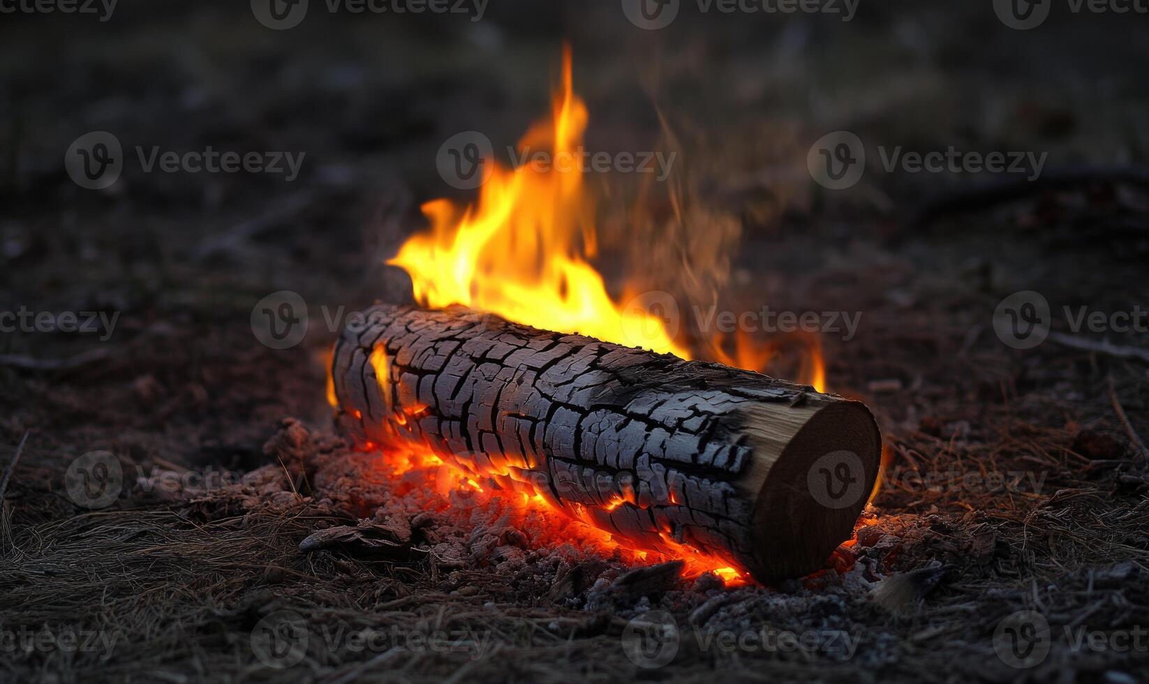 A lone log engulfed in flames on the ground, closeup photo