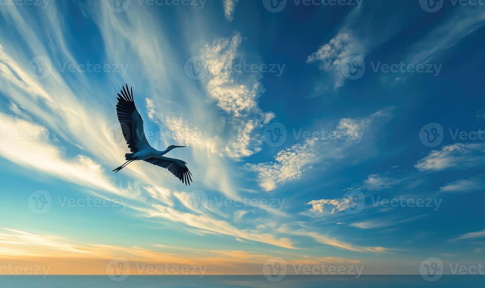 A lone stork gliding peacefully, sunlight streaming through the clouds photo