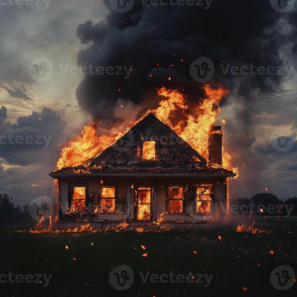 A single-story home on fire, bright flames licking at the sky photo