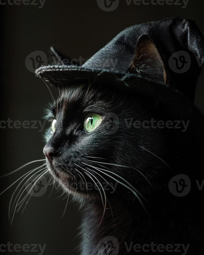 A sleek black cat with glowing green eyes, wearing a slightly tattered witch's hat photo