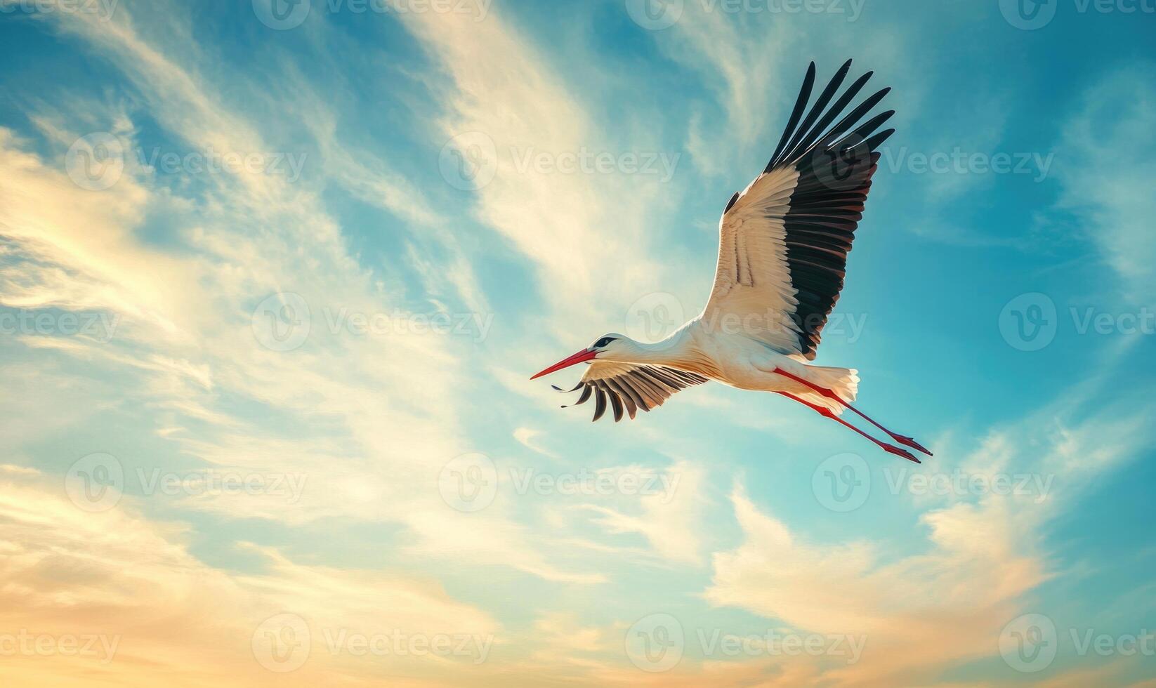 A single stork flying against a blue sky photo