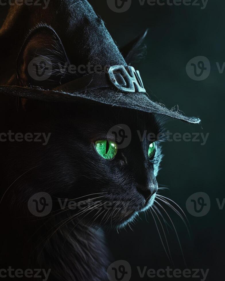 A sleek black cat with glowing green eyes, wearing a slightly tattered witch's hat photo
