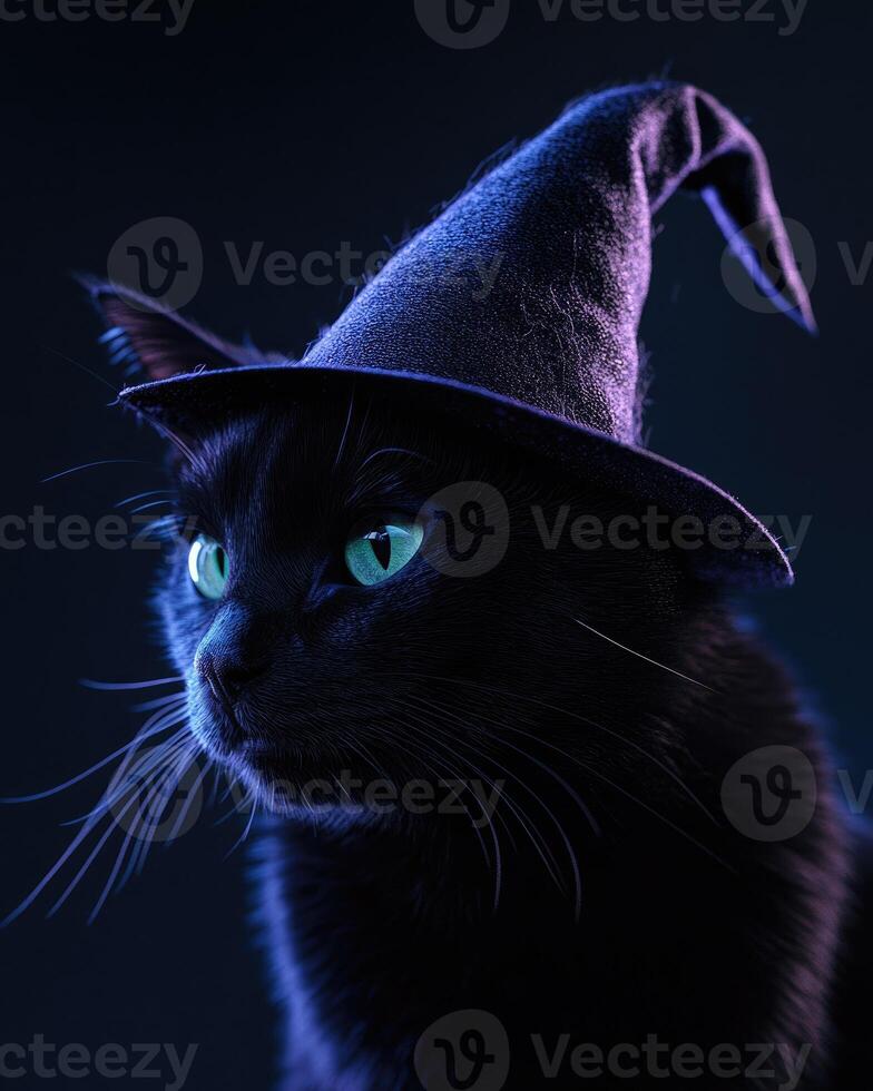 A sleek black cat with glowing green eyes, wearing a slightly tattered witch's hat photo