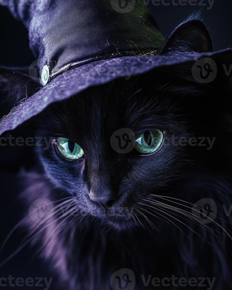 A sleek black cat with glowing green eyes, wearing a slightly tattered witch's hat photo