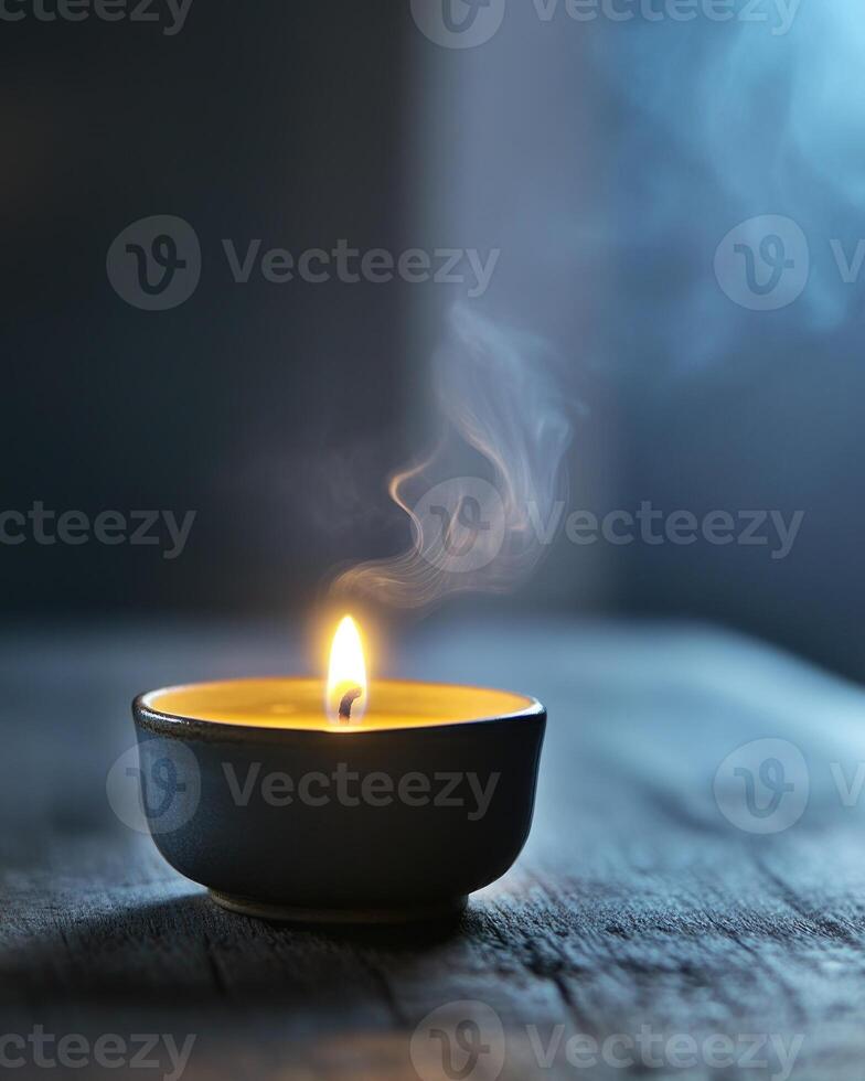 A small tealight candle burning brightly, resting in a simple holder on a wooden table photo