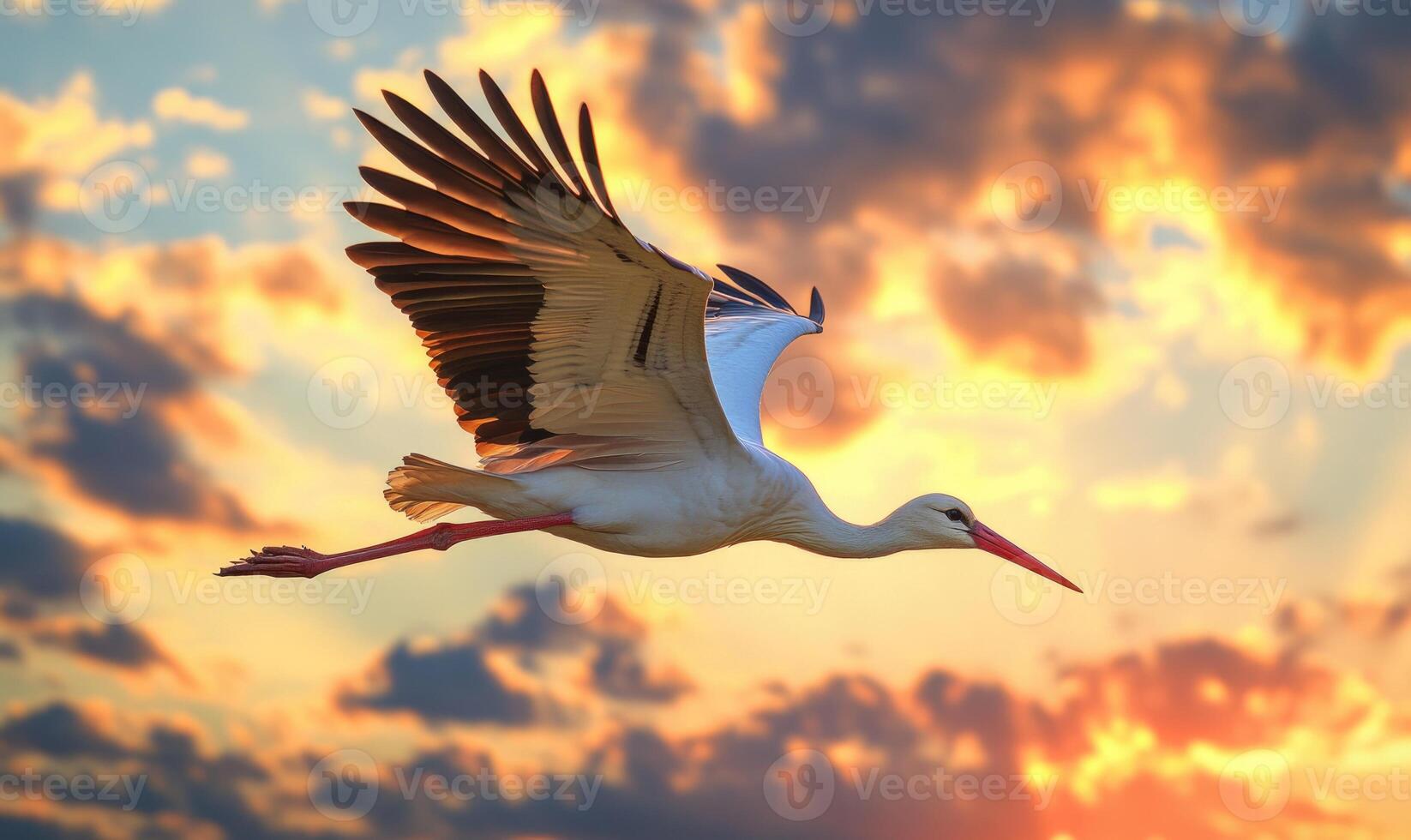 A stork flying gracefully, soft light shining on its wings photo