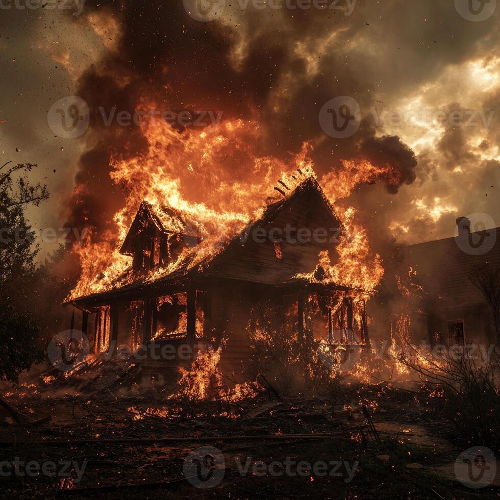 A suburban home on fire, flames licking at the sky photo
