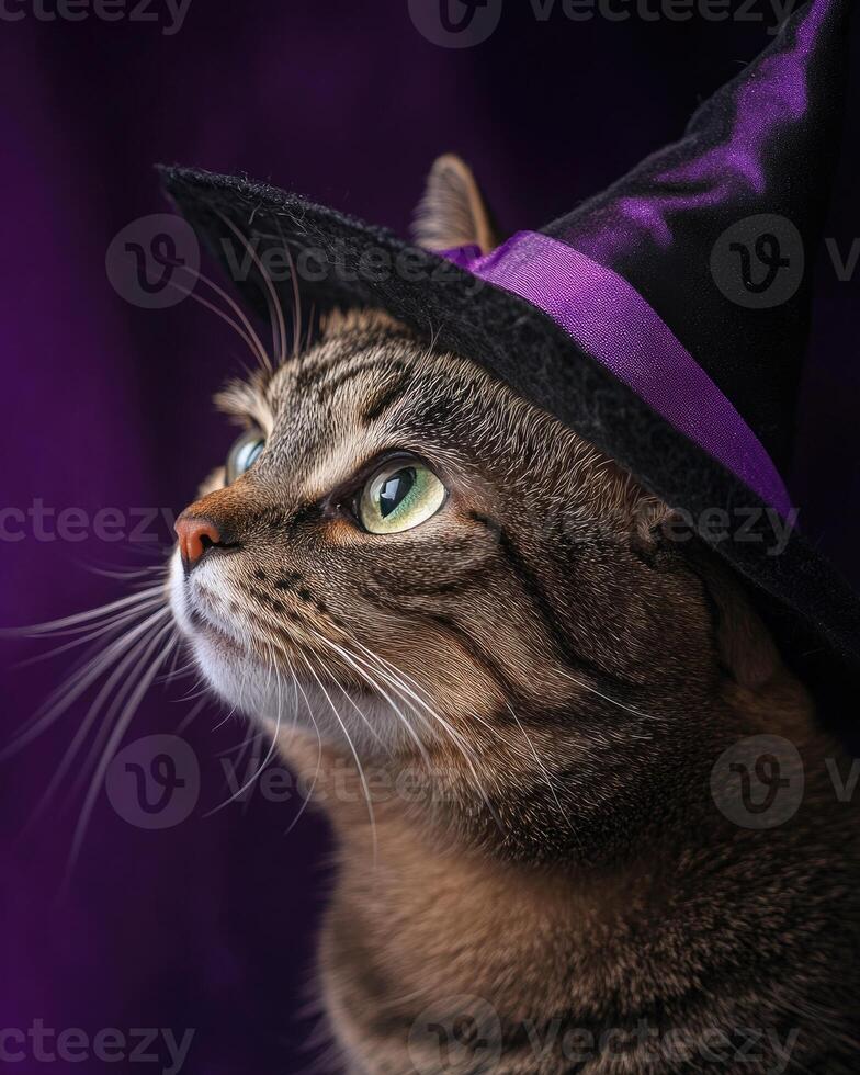 A tabby cat with a curious expression, wearing a tilted witch hat photo
