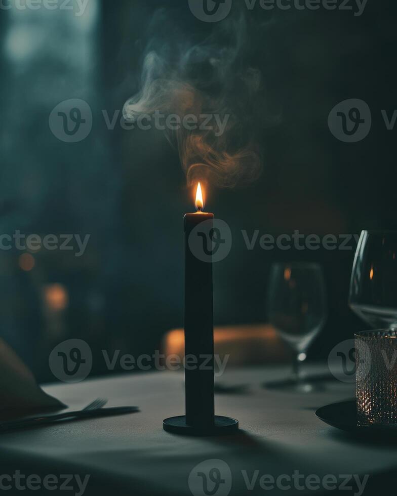 A tall black candle flickering, resting on a sleek modern table photo