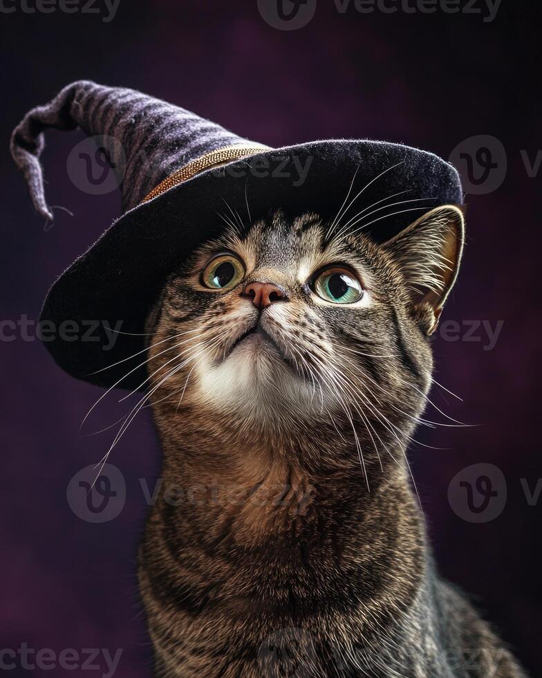 A tabby cat with a curious expression, wearing a tilted witch hat photo