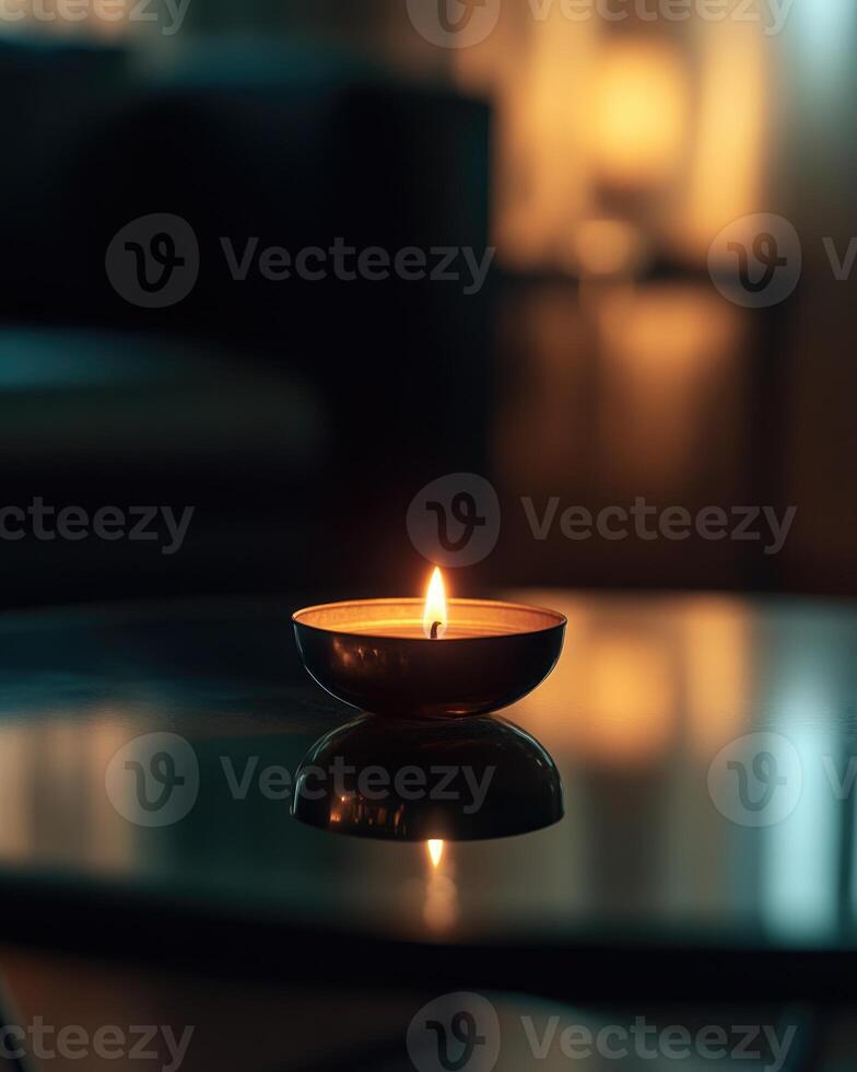 A small tealight candle burning brightly, placed on a metal holder on a glass table photo