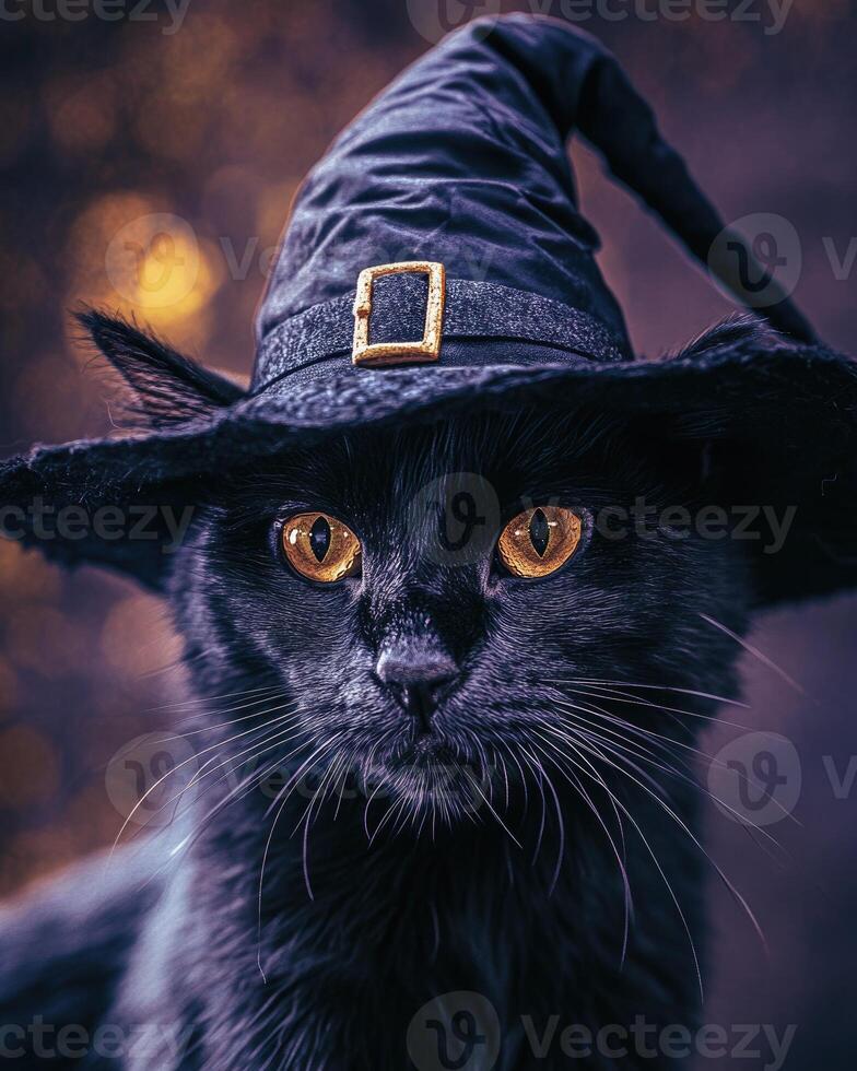 A slender black cat with sharp yellow eyes, wearing a tall pointed witch's hat photo