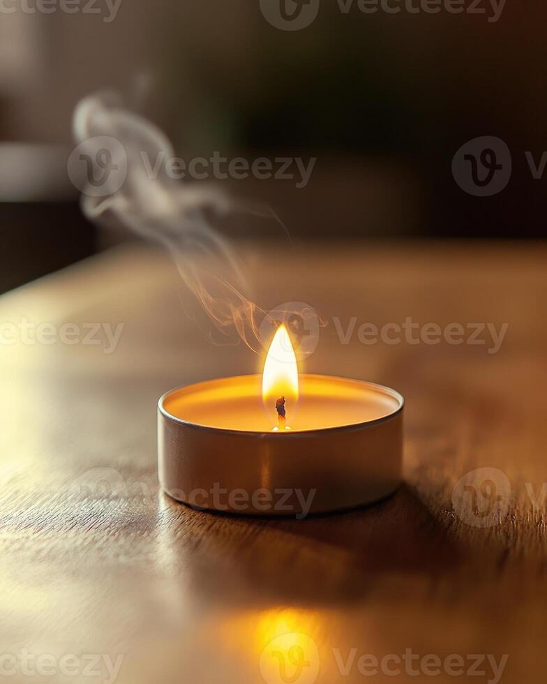 A small tealight candle burning brightly, resting in a simple holder on a wooden table photo