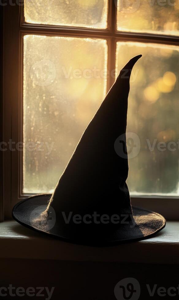 A classic black wizard hat with a pointed tip photo