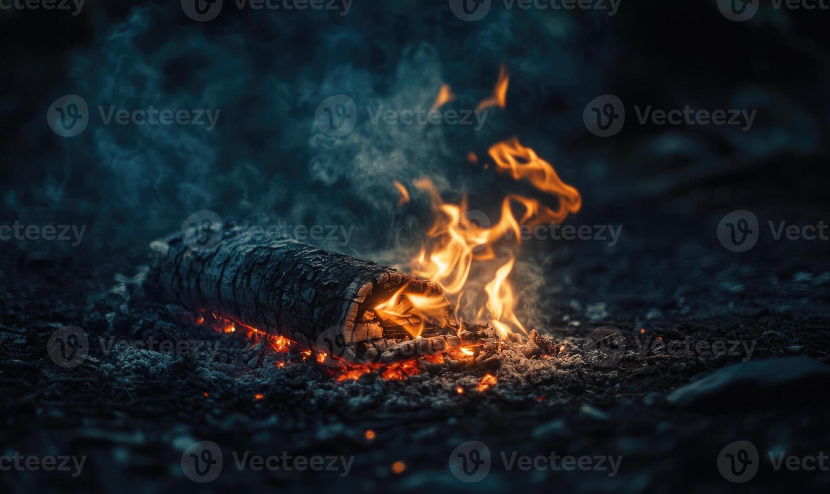 A single burning log surrounded by embers photo