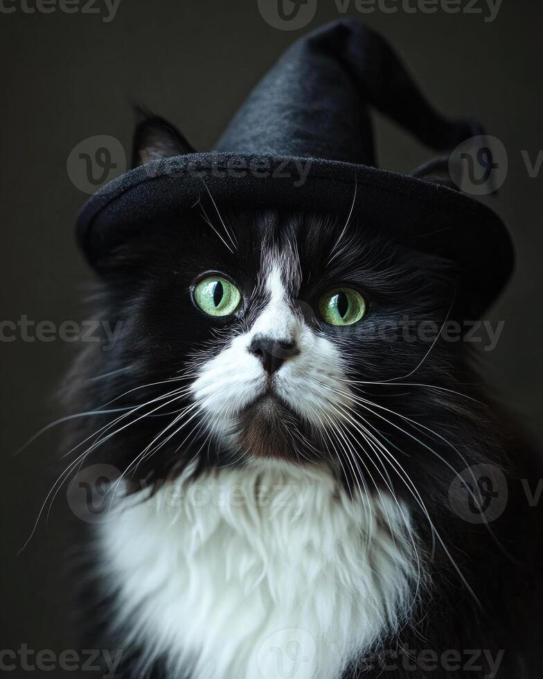 A fluffy black and white cat with deep green eyes, wearing a neat witch's hat photo