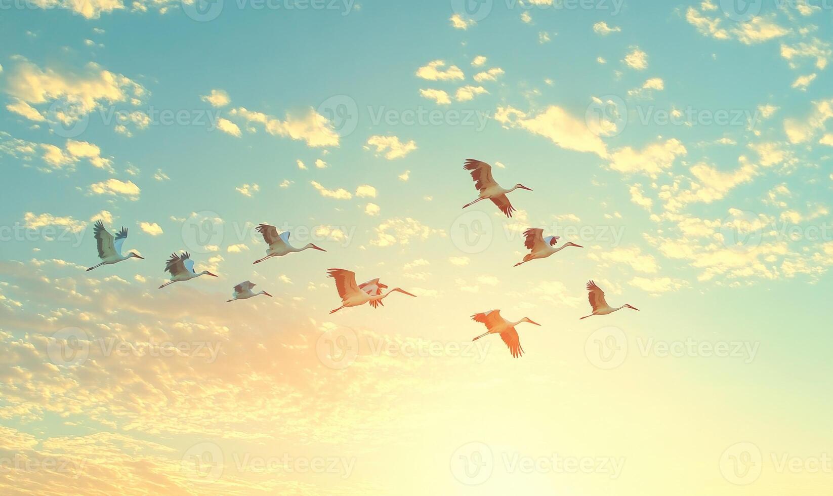 A group of storks flying together, soft golden light shining on them photo