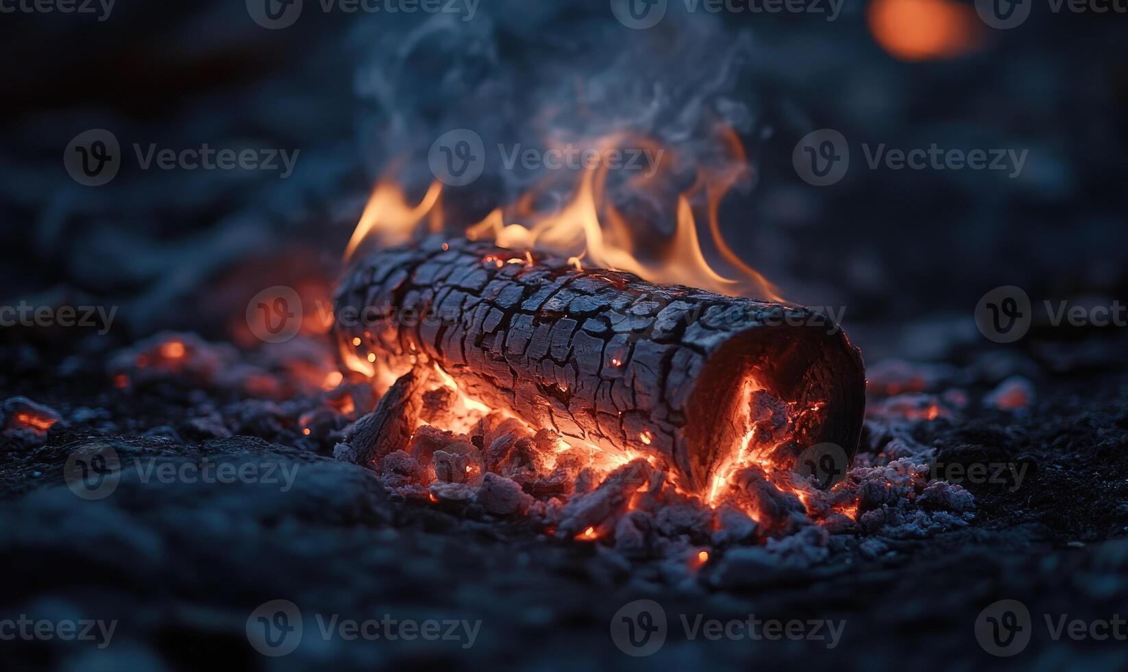 A single burning log surrounded by embers photo