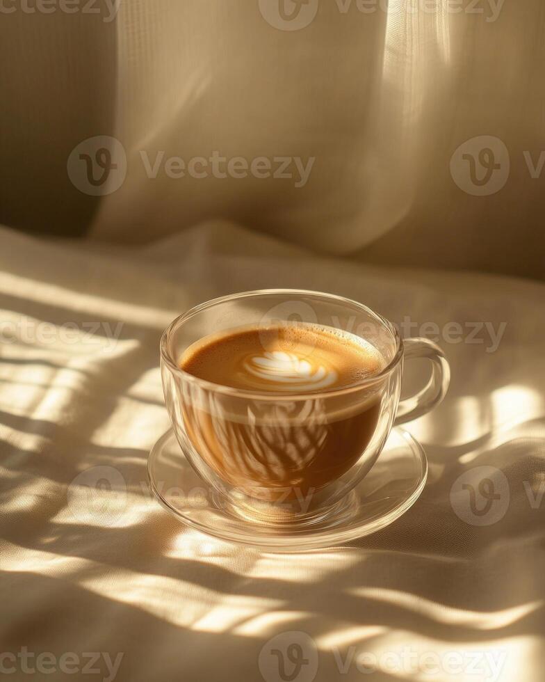 A clear glass cup with coffee, gentle swirl of cream photo
