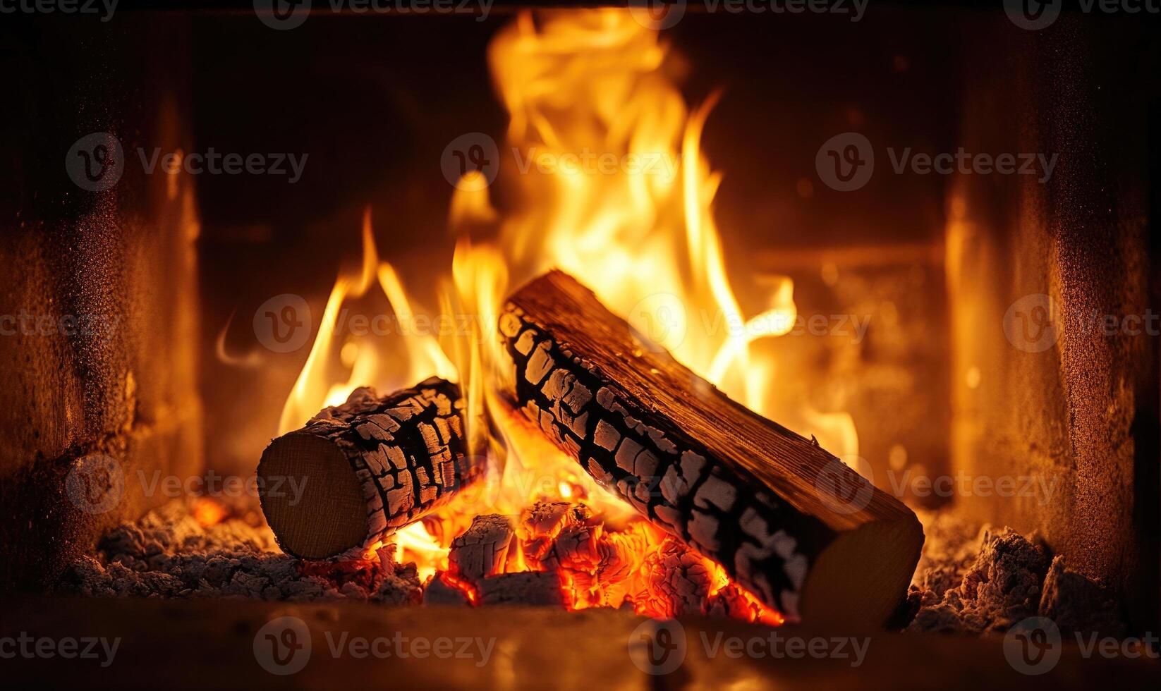A log burning brightly in a traditional fireplace, flames flickering photo