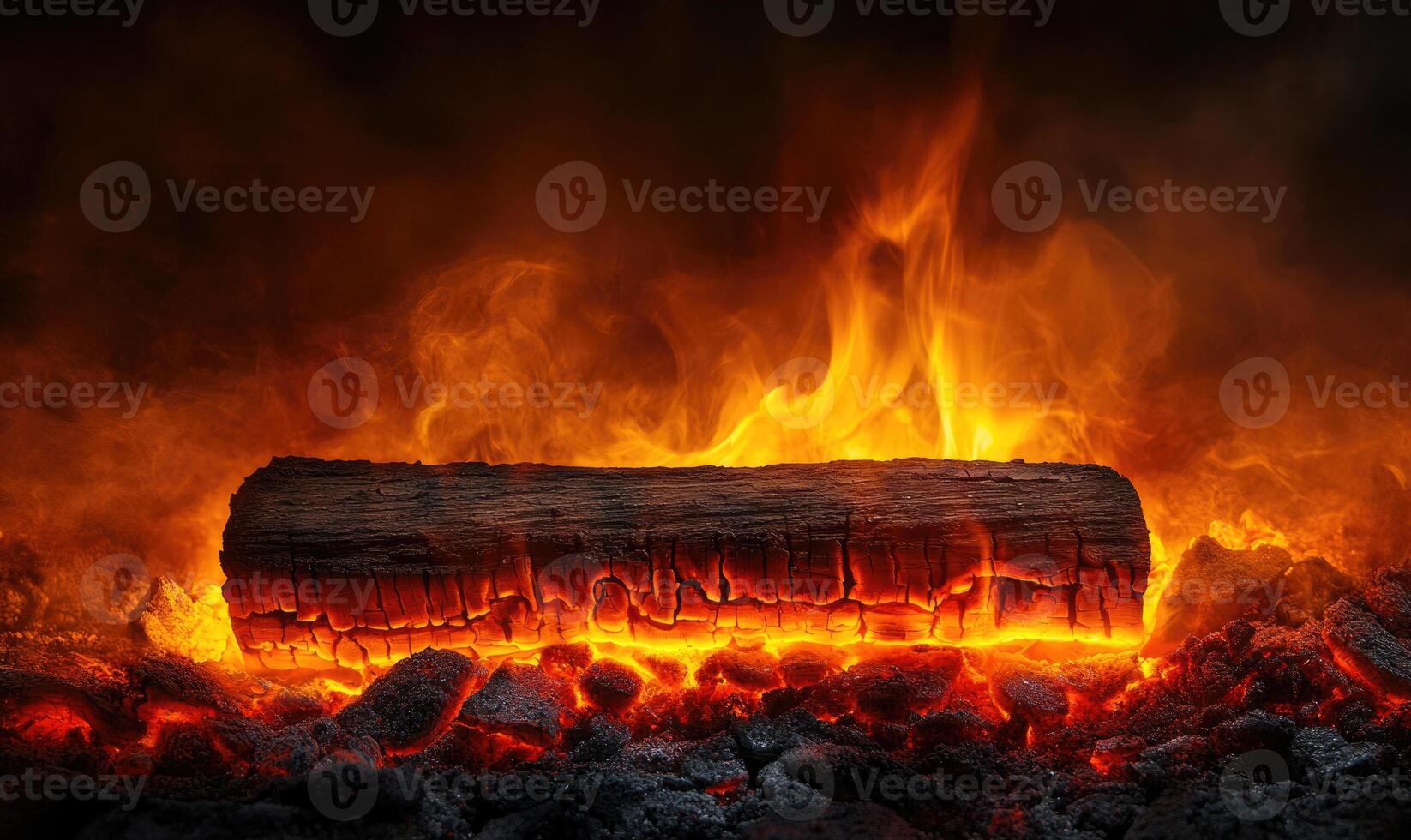A log resting in a crackling campfire, flames dancing photo