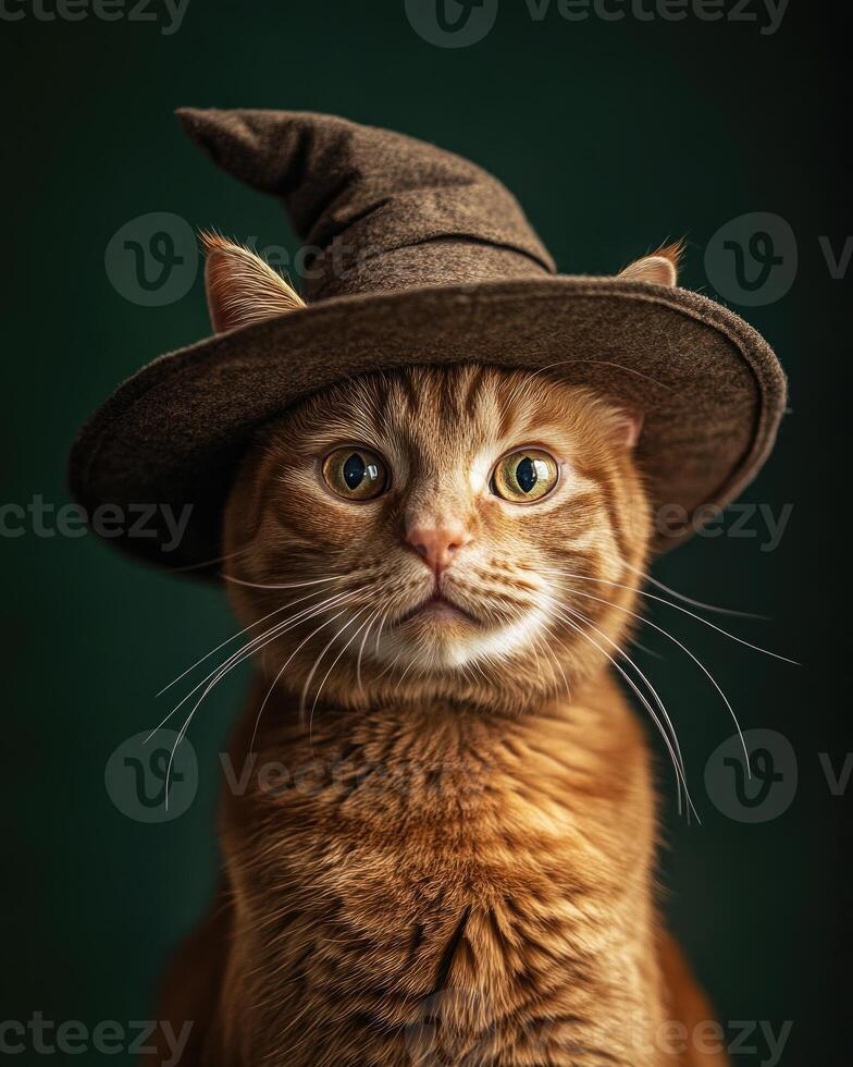 A ginger cat with playful eyes, wearing a wide-brimmed witch's hat photo