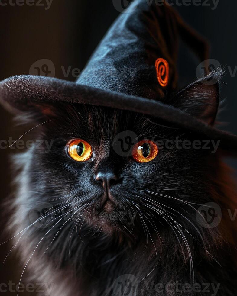 A large fluffy black cat with glowing amber eyes, wearing a tall witch's hat photo