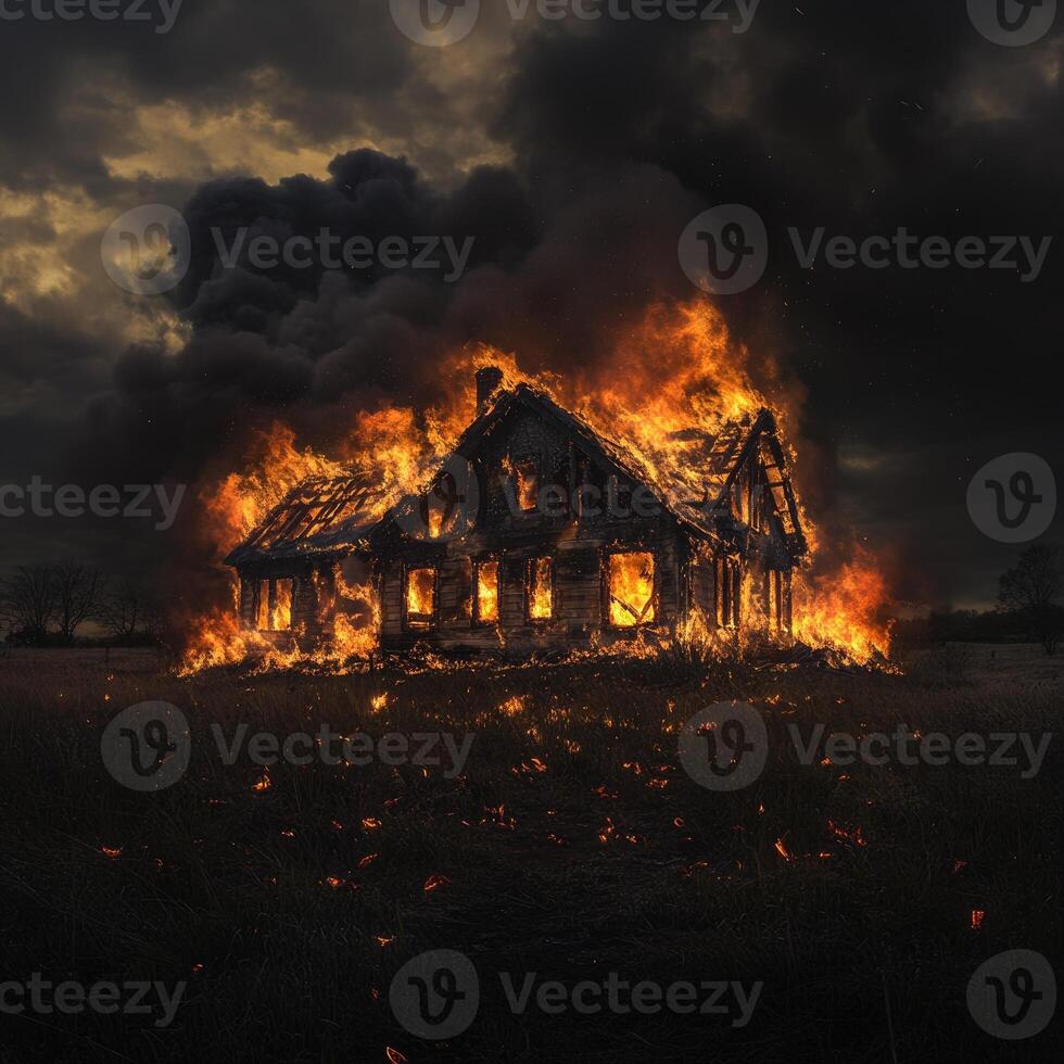 A large cottage on fire, flames bursting through the windows photo