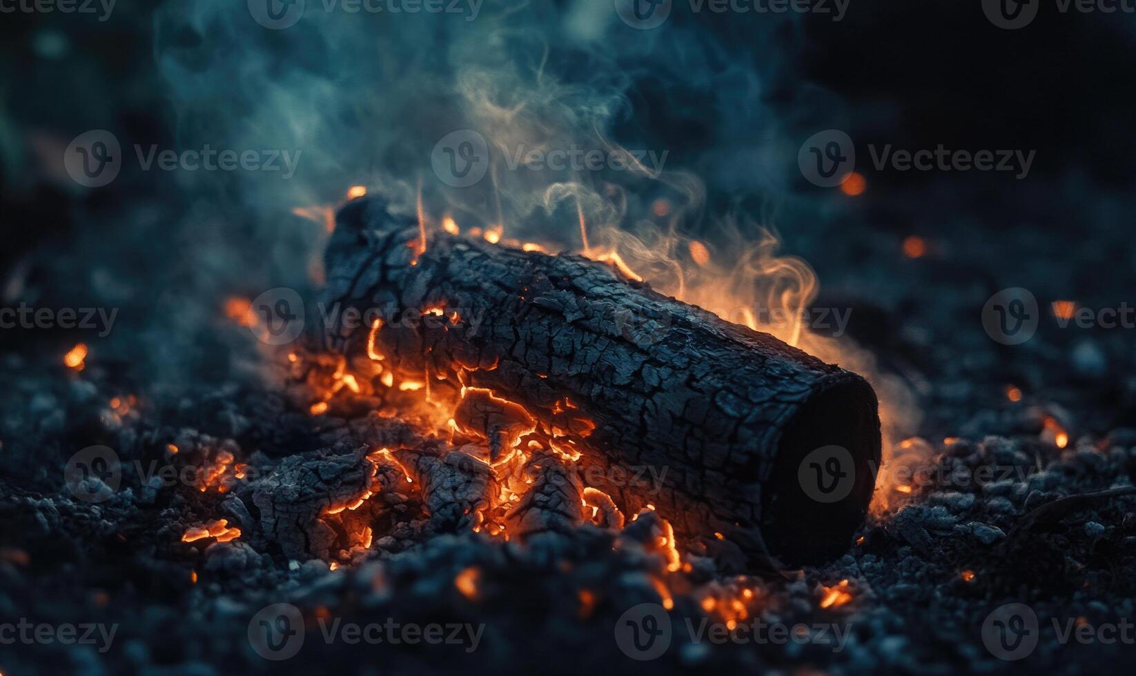 A single burning log surrounded by embers photo