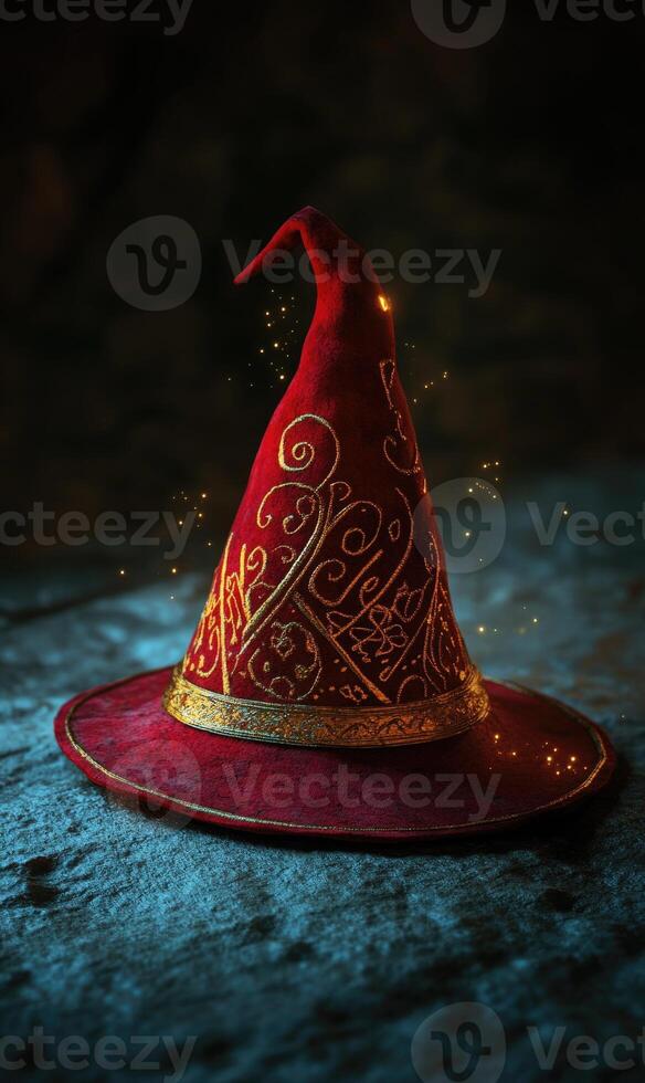 A red wizard hat, with golden patterns, placed on a stone surface photo