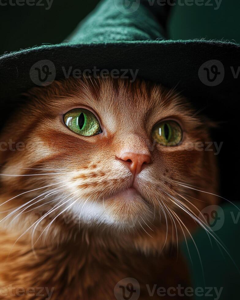 A ginger cat with a playful expression, wearing a wide-brimmed witch's hat photo