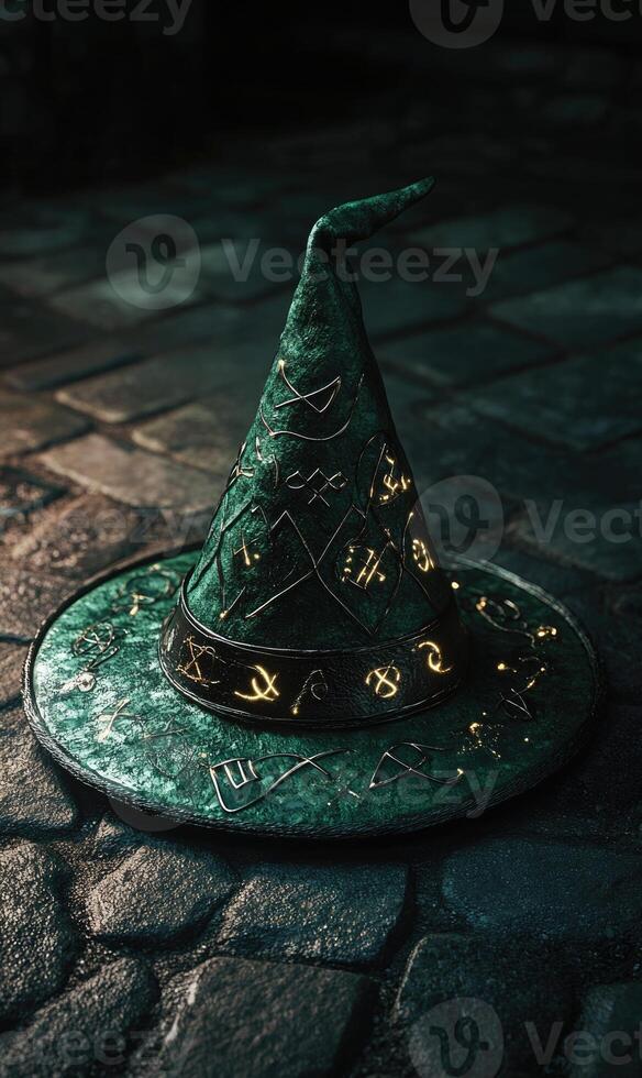 A deep green wizard hat, covered in mystical symbols photo