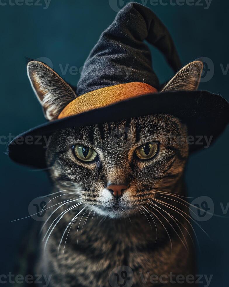A grey tabby cat with a serious expression, wearing a slightly oversized witch's hat photo