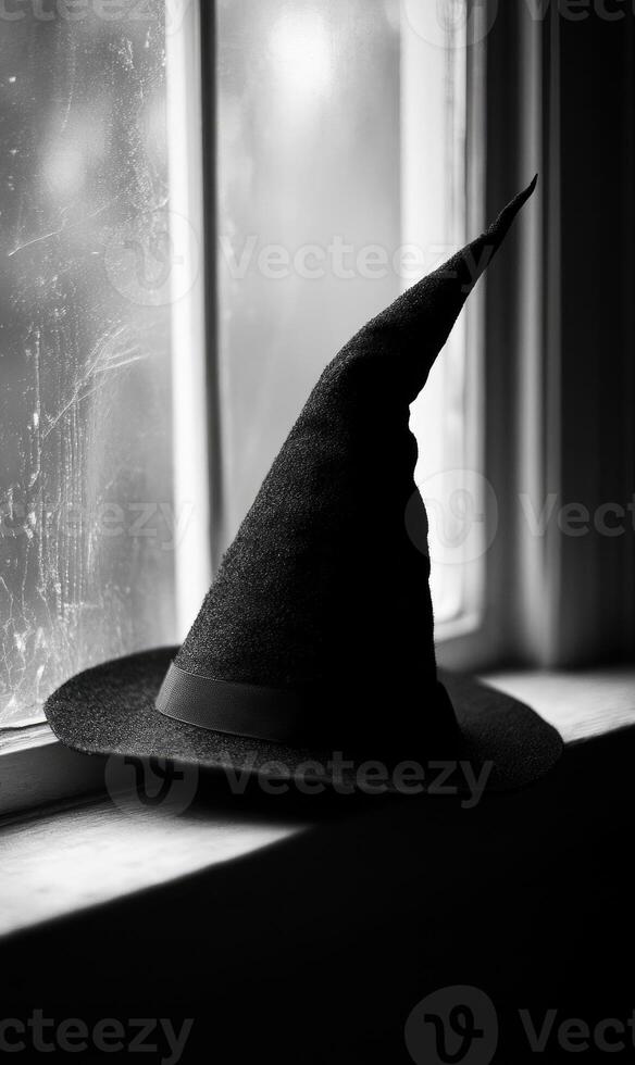 A classic black wizard hat with a pointed tip photo