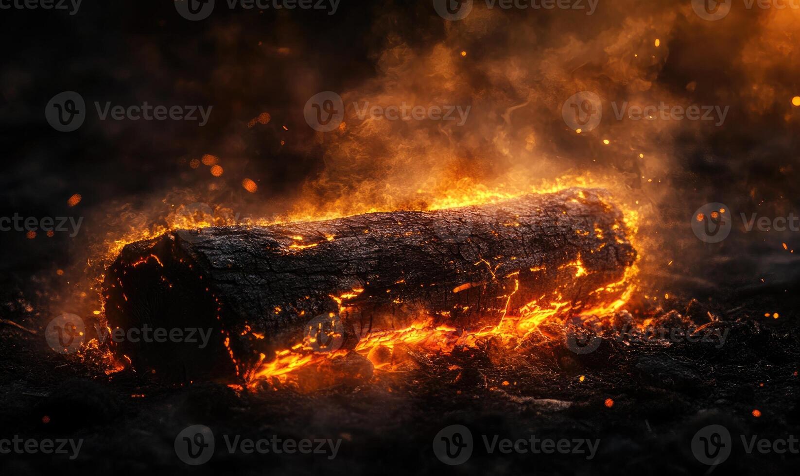 A log resting in a crackling campfire, flames dancing photo
