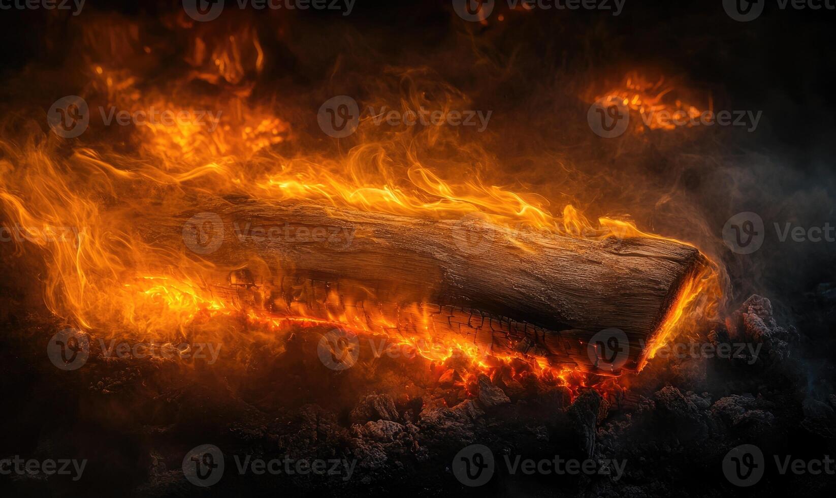 A log resting in a crackling campfire, flames dancing photo